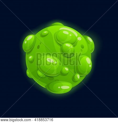 Fantasy Planet, Far Alien World With Green Bubbles Isolated Flat Cartoon Icon. Vector Deep Space Moo