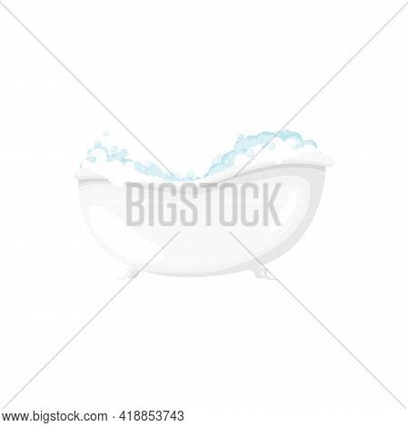 Soapy Bubbles In Bathtub Bathroom Object Isolated Cartoon Icon. Vector Bath-tub With Froth And Soap,