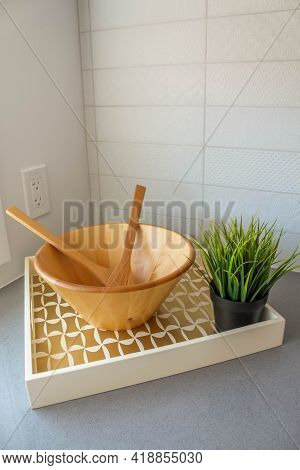 Empty Wooden Salad Bowl On The Kitchen Table. Interio Decoration