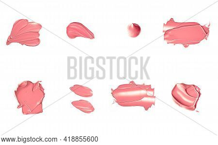 Coral Beauty Cosmetic Texture Isolated On White Background, Smudged Makeup Emulsion Cream Smear Or F