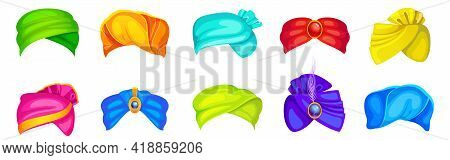 Turbans, Indian And Arab Colorful Headdress For Man And Woman. Vector Cartoon Set Of Winding Headsca