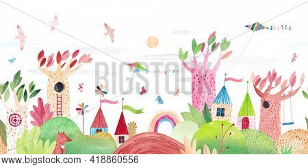 Sunny landscape with cute houses on the hills, trees, birds and butterflies. Watercolor illustration. Park view. Horizontal repeating border. Hilly landscape.