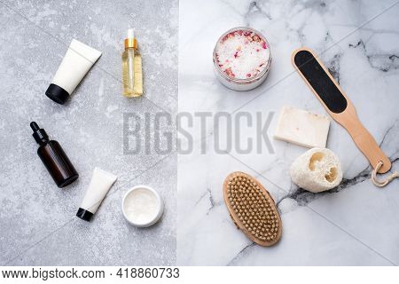 Natural Cosmetics For Bathing On The Drey Background. Soap, Bath Salt, Loofah Washcloth