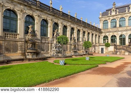 Dresden, Germany - September 23, 2020 : 18th Century Baroque Zwinger Palace, View Of Langgalerie And