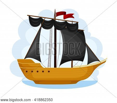 Pirate Ship With Black Sails And Square Rigged Mast Navigating Upon Water Vector Illustration