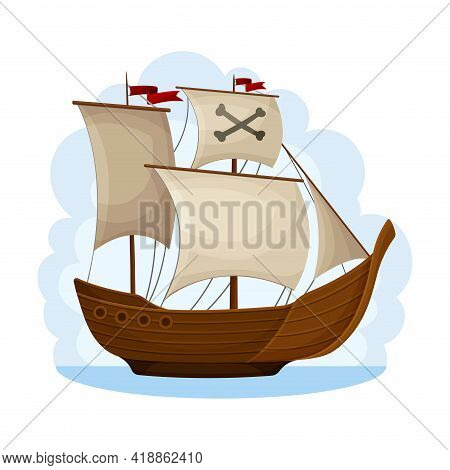 Pirate Ship With Sails And Crossed Bones Navigating Upon Water Vector Illustration