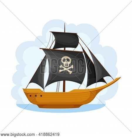Pirate Ship With Sails And Crossed Bones Navigating Upon Water Vector Illustration