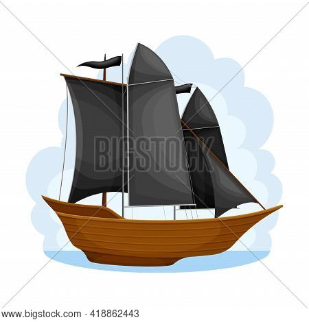 Pirate Ship With Black Sails And Square Rigged Mast Navigating Upon Water Vector Illustration