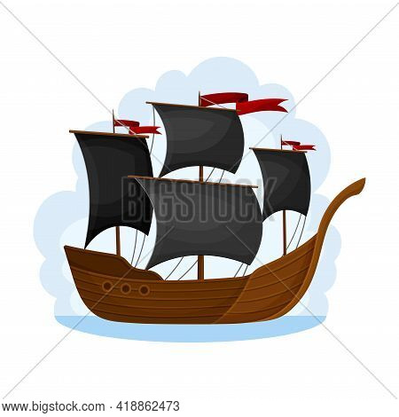 Pirate Sailing Ship With Square Rigged Masts Navigating Upon Water Vector Illustration