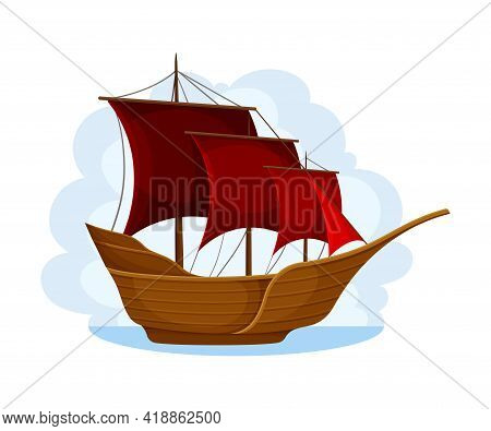 Wooden Pirate Ship Or Vessel With Red Sail Navigating Upon Water Vector Illustration