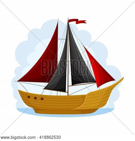 Pirate Sailing Ship With Square Rigged Masts Navigating Upon Water Vector Illustration