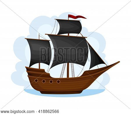 Pirate Ship With Black Sails And Square Rigged Mast Navigating Upon Water Vector Illustration