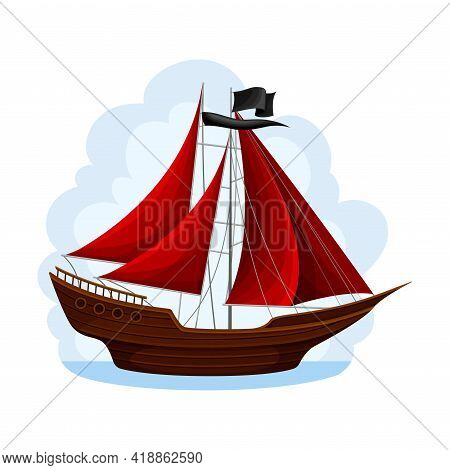 Wooden Pirate Ship Or Vessel With Red Sail Navigating Upon Water Vector Illustration