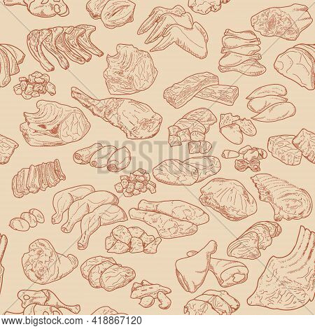 Seamless Meat Pattern. Pieces Of Raw Beef, Lamb, Pork, Chicken, And Poultry. A Set Of Meat Products 