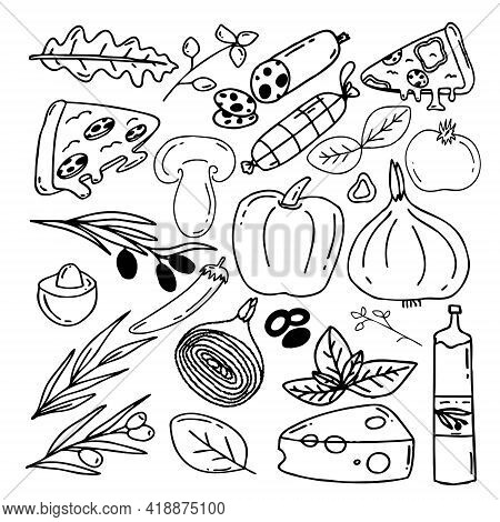 Vector Set Of Elements For Pizza Pigmentation In The Style Of Doodle For Feeding Bannets. Pizza Elem