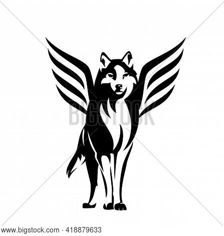Standing Winged Wolf Portrait - Mythical Animal Looking Forward Black And White Vector Outline
