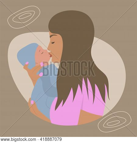 Mom And Baby. Vector Illustration Of Mother Holding Baby Son In Arms And Kissing Him. Happy Mother`s