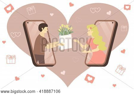 Lovers From The Phone.  A Guy In Love From The Phone Gives A Beautiful Girl A Package Of Tulips. App