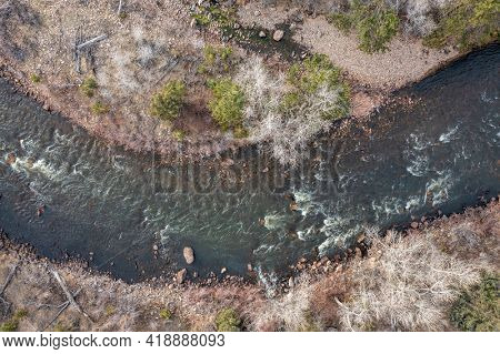 Poudre River in the canyon above Fort Collins, Colorado, in early spring scenery, aerial view