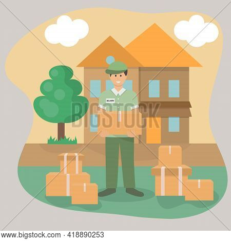 Delivery Man With Parcels In The Suburbs. Delivery Home And Online Order Tracking. Vector Illustrati