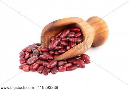 Red Kidney Beans In Wooden Scoop, Isolated On White Background. Rajma Or Mexican Bean. Beans Close U
