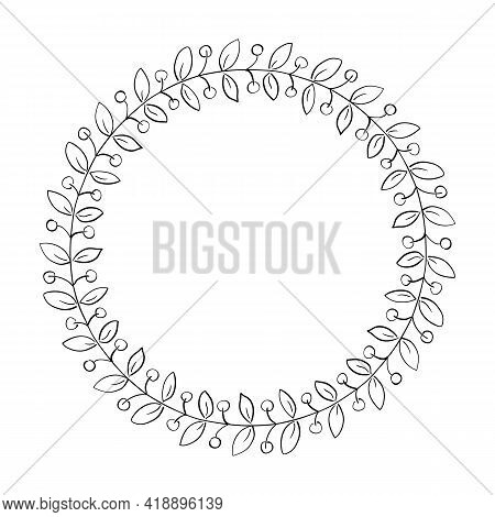 Floral Frame In Shape Of Circle Isolated On White Background. Black Outline Wreath Of Twigs With Ber