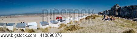 Panoramic View From A Dune On The Beach Of Nieuwpoort On A Sunny Springday
