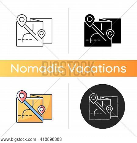 Nomadic Tour Icon. Roadtrip Planning. Map With Gps Pins For Touring. Nomadic Lifestyle. Camping Trip