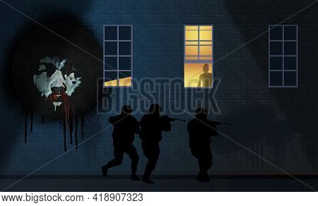 A Police Swat Unit Approaches An Apartment Building. On A Brick Wall Is An Aftican American Man With