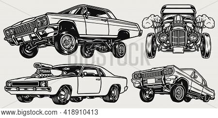 Retro Custom Cars Composition With Hot Rod Lowrider And Muscle Automobiles In Vintage Monochrome Sty