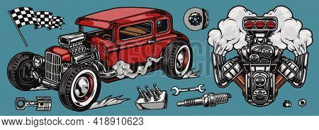 Retro Custom Car Vintage Colorful Concept With Hot Rod And Engine Piston Wrench Spark Plug Brake Dis