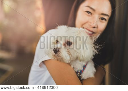 Woman Pet Owner Holding Shih Tzu Dog