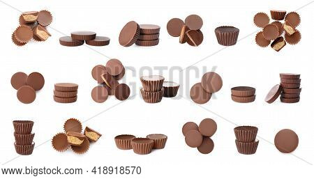 Set With Delicious Peanut Butter Cups On White Background