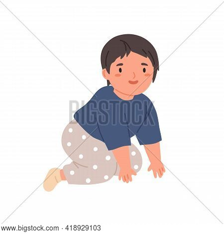 Happy Baby Crawling. Little Child Moving On Knees And Hands. Portrait Of Smiling Kid In Home Clothes