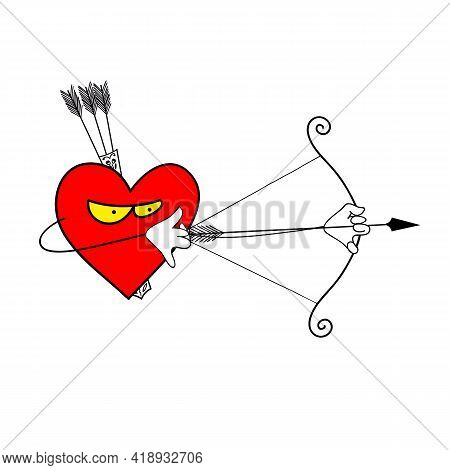 Red Heart Bow And Arrow Illustration. The Bow And Arrow Are Crossed. Putting A Bow To Shoot. This Cu