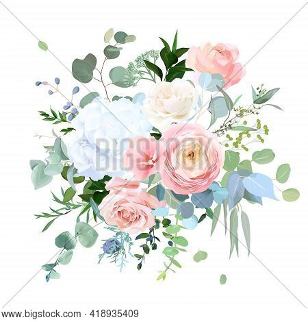 Dusty Blue, Peachy Blush Rose, White Hydrangea, Ranunculus, Wedding Flowers, Greenery