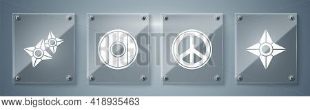 Set Japanese Ninja Shuriken, Peace, Round Wooden Shield And Japanese Ninja Shuriken. Square Glass Pa