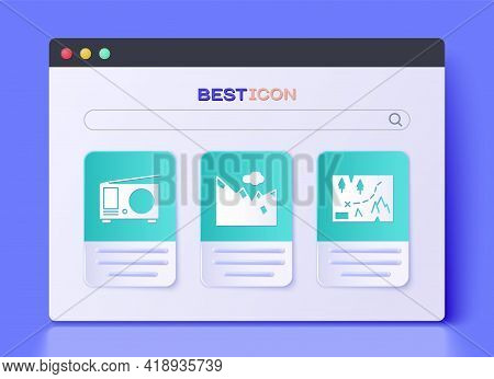Set Mountains, Radio With Antenna And Folded Map With Location Icon. Vector
