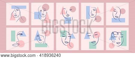 Abstract Woman Portrait By Simple Lines. Minimal Style Portrait. Geometric Shapes, Trendy Style. Wom