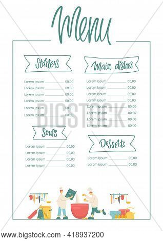 Menu Handwritten Sign With Ribbon - Starters, Soups, Main Dishes, Desserts And Funny Cooks With Kitc