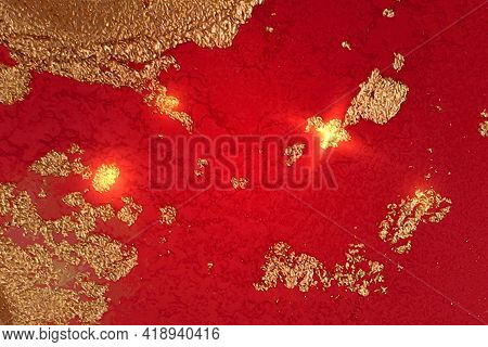Bright Red And Gold Pattern With Texture Of Geode And Sparkles