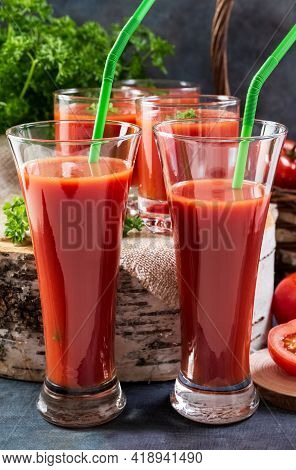Tomato Juice. Tomato Juice In Glasses. Close Up. Spave.
