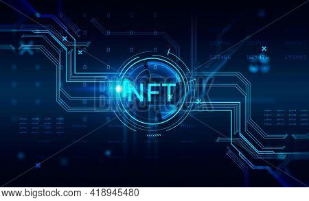 Non-fungible Token Hologram On Virtual Screen, Nft With Network Circuit And Numbers. Dark Background