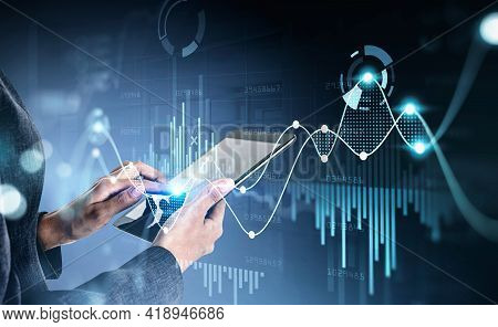 Businesswoman Using Digital Tablet Device, Stock Market Changes, Business Graph Bar Chart. Double Ex