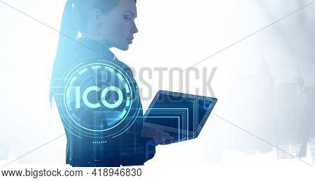 Office Woman In Suit With Laptop In Hands, Typing On Keyboard, Double Exposure With Toned Buildings 