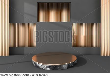 Black And Golden Platform Stand With Marble Bottom. Luxury Gold Mockup Stand For Product Display, Ad