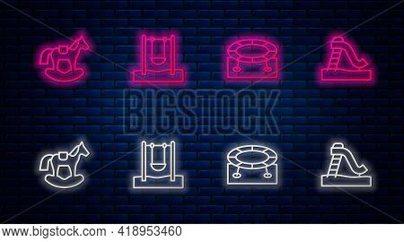 Set Line Swing, Jumping Trampoline, Horse Saddle Swing And Kid Slide. Glowing Neon Icon On Brick Wal