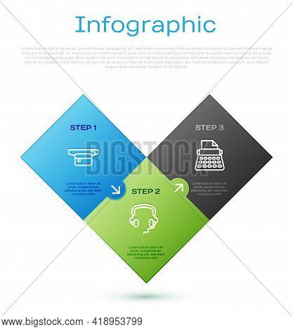 Set Line Waist Bag Of Banana, Retro Typewriter And Headphones. Business Infographic Template. Vector