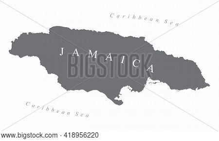The Jamaica Silhouette Map And The Surroundings With Labels