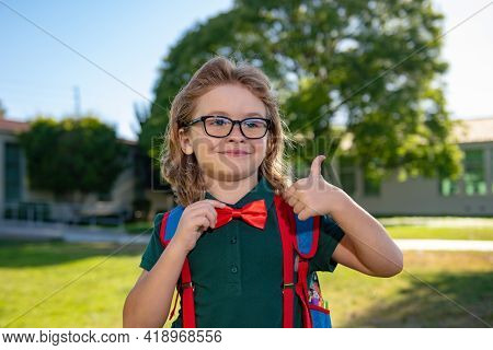 Happy Smiling Schoolboy Pupil In Glasses With Thumb Up Is Going To School. Kid Outdoors Of The Schoo